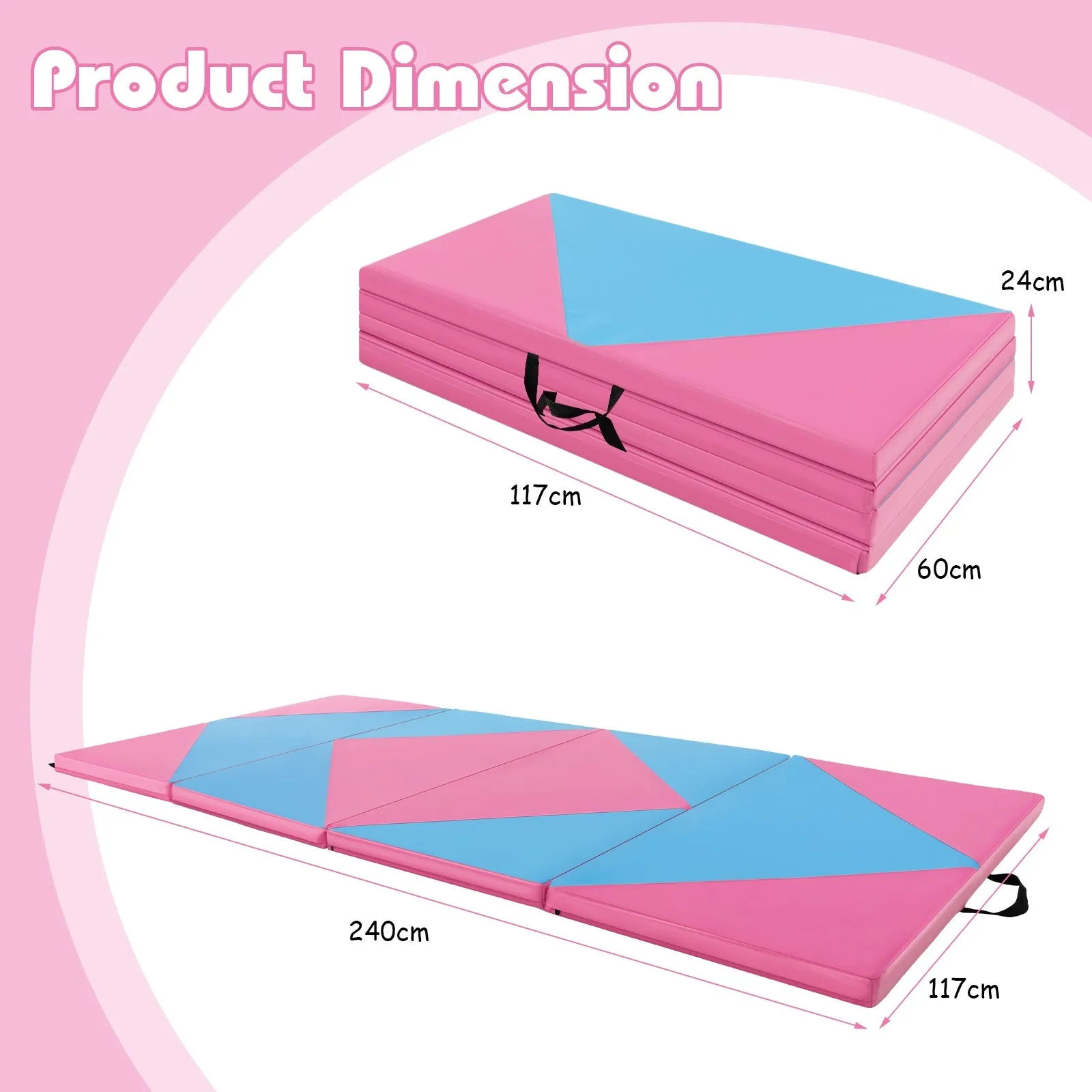 240cm PU Leather Folding Gymnastics Mat-Pink &amp; Blue