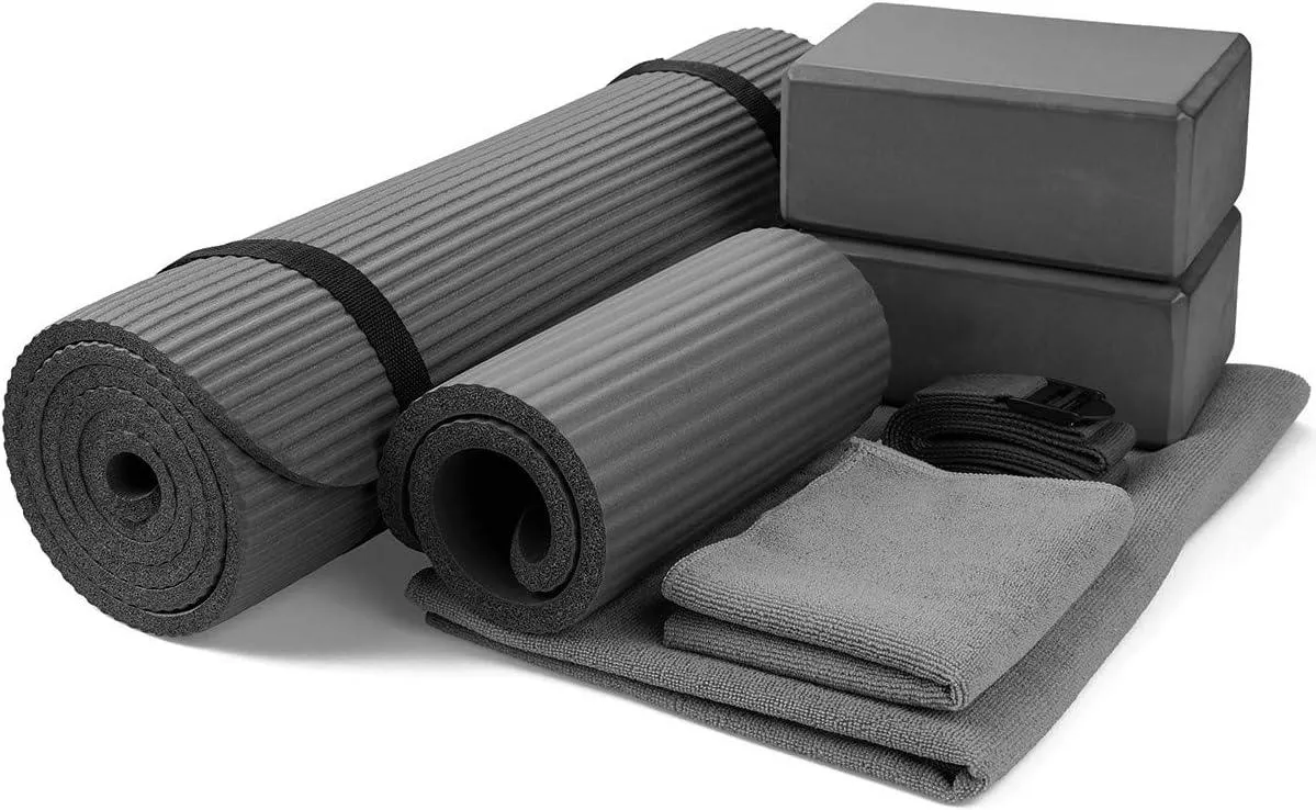 7-Piece Set - Include Yoga Mat with Carrying Strap, 2 Yoga Blocks, Yoga Mat Towel, Yoga Hand Towel, Yoga Strap and Yoga Knee Pad (Gray, 1/2"-Thick Mat)