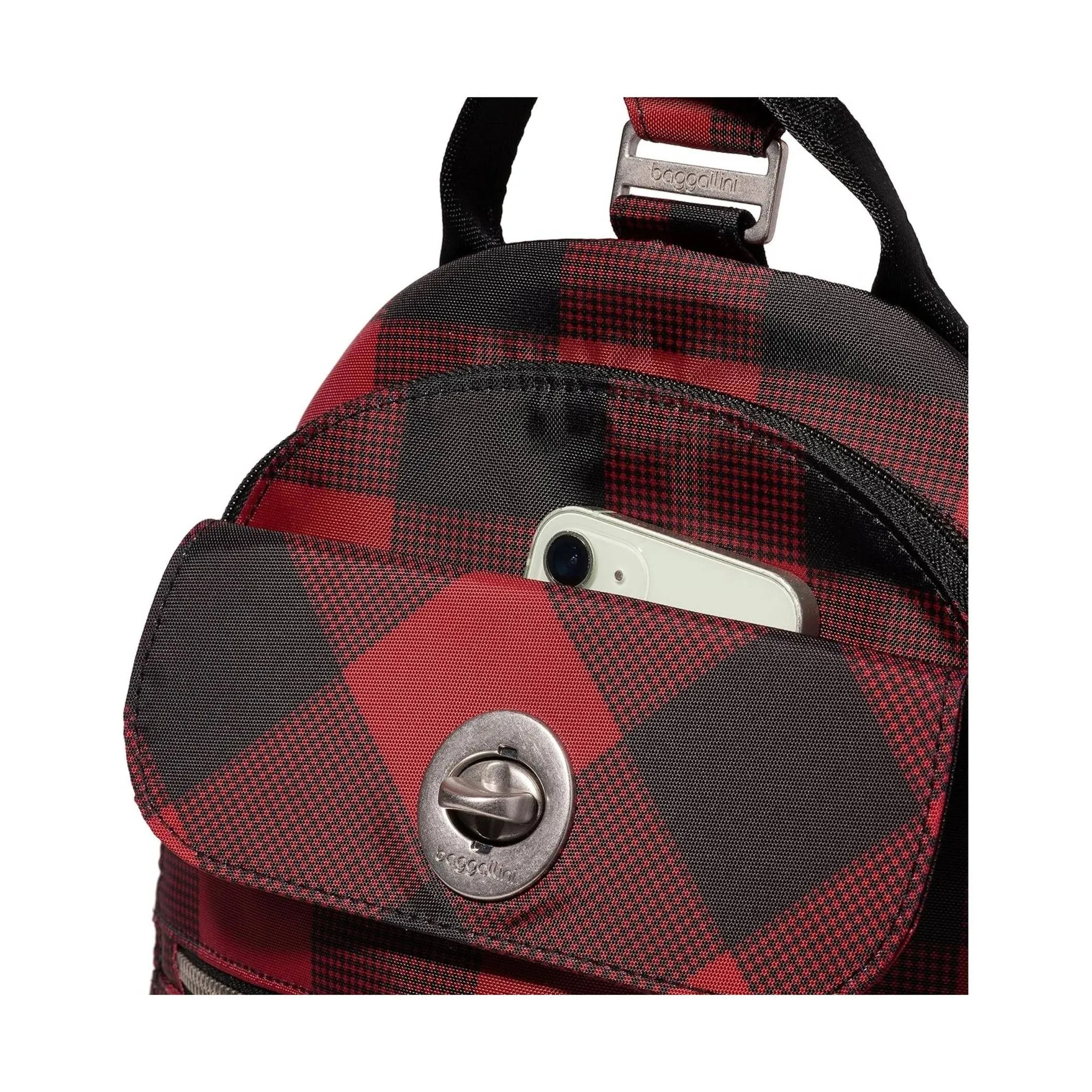 Baggallini Womens Stylish Red Buffalo Plaid Convertible Backpack - Naples Collection