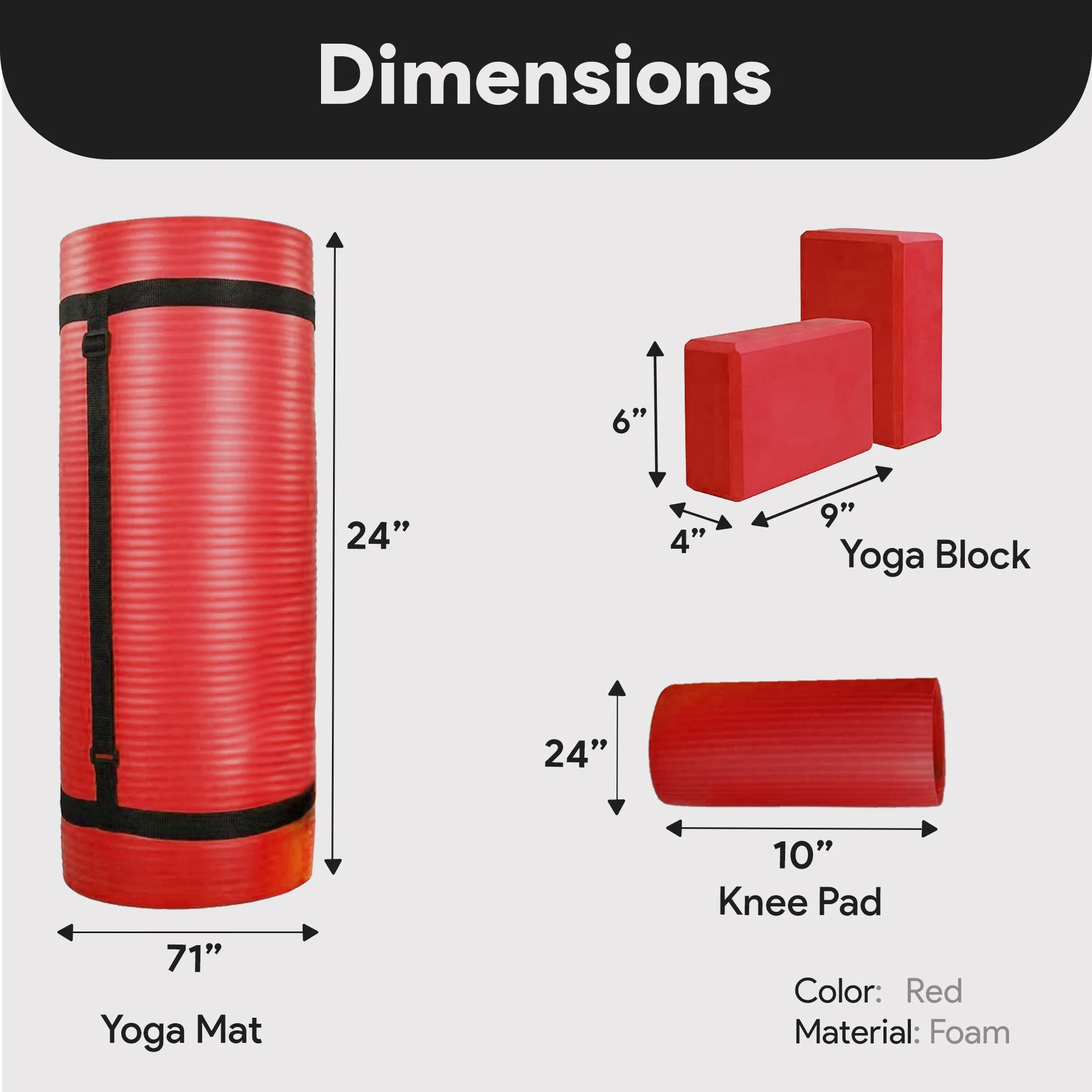 BalanceFrom 71"x24" Anti Tear Yoga Mat w/Strap, Knee Pad & Blocks, Red (Used)