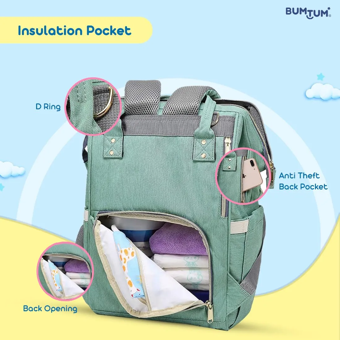 Bumtum Baby Diaper Bag for Mothers | Spacious Waterproof Backpack with Multiple Pockets to Easily Organise Baby Essentials, Various Sized Pockets (Green)