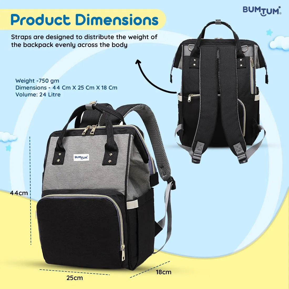 Bumtum Baby Diaper Bag for Mothers | Spacious Waterproof Backpack with Multiple Pockets to Easily Organise Baby Essentials, Various Sized Pockets (Grey & Black)