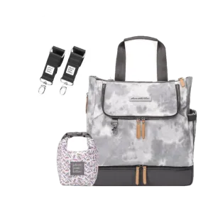 Convertible Tote Backpack Pivot Pack in Smoke Swirl Tie-Dye, Snack Pouch, Stroller Clip Bundle