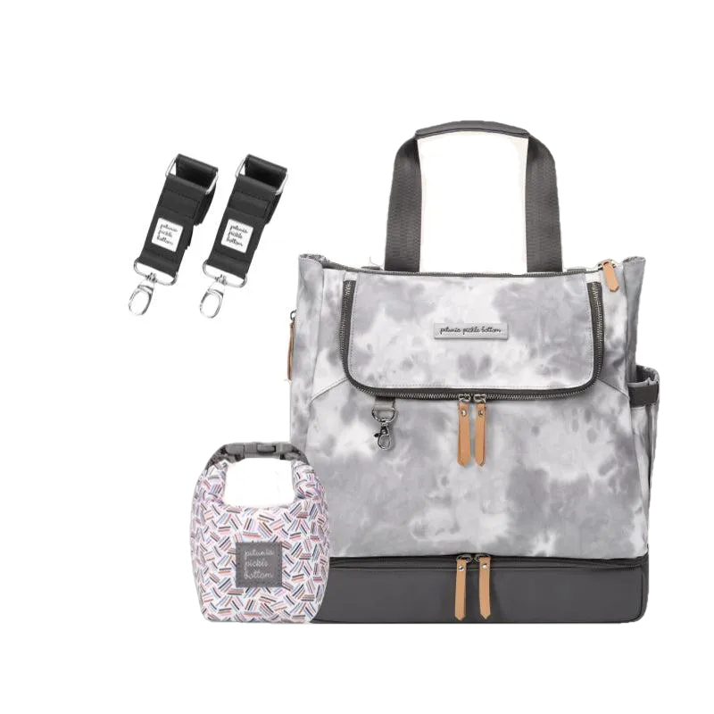 Convertible Tote Backpack Pivot Pack in Smoke Swirl Tie-Dye, Snack Pouch, Stroller Clip Bundle