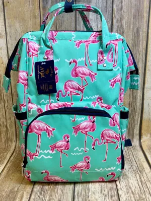 Flamingo Dance on Mint with Navy Trim