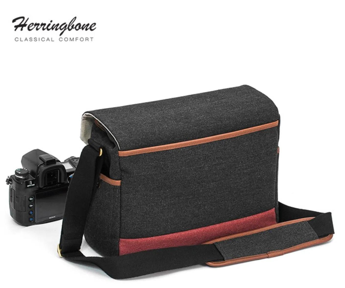 Herringbone Postman Messenger Camera Bag - Medium Black