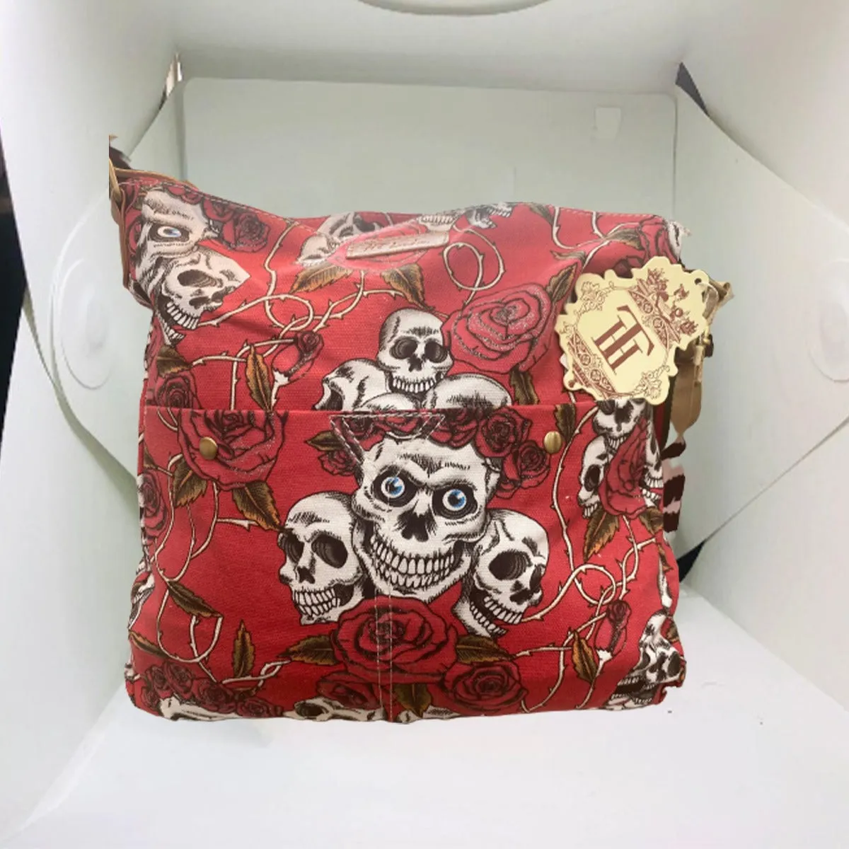 HT FASHION LONDON Skull Red Pattern Bamboo Cotton Cross Shoulder bag