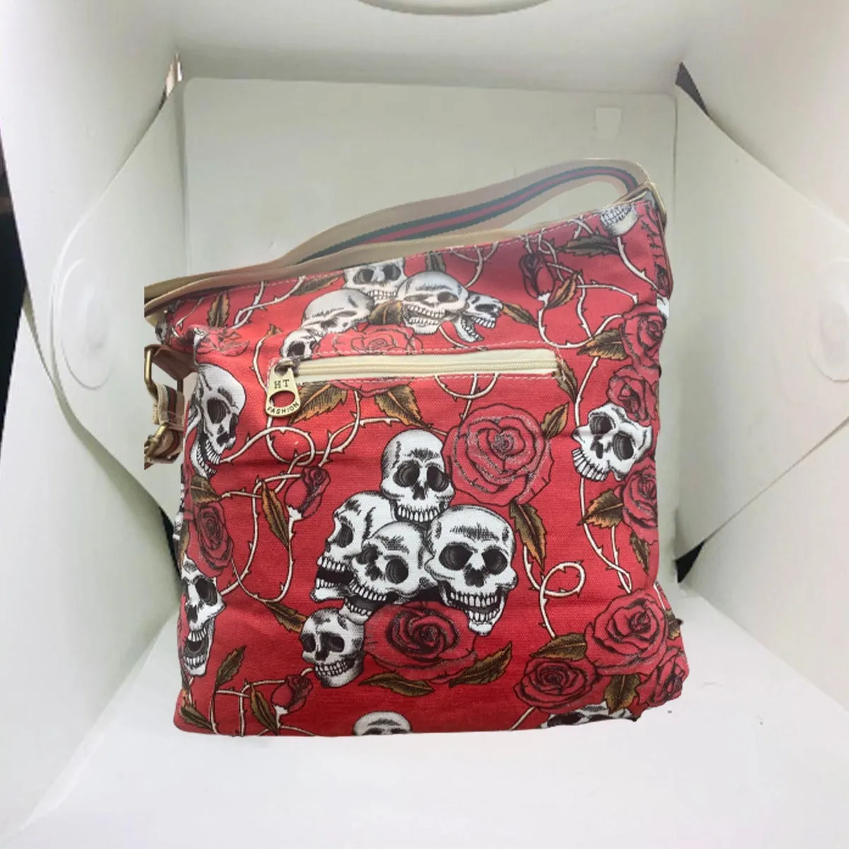 HT FASHION LONDON Skull Red Pattern Bamboo Cotton Cross Shoulder bag