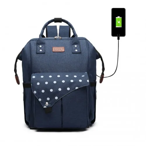 KONO Polka Dot Maternity Backpack Bag with USB Connectivity - Navy | Spacious, Durable & Stylish