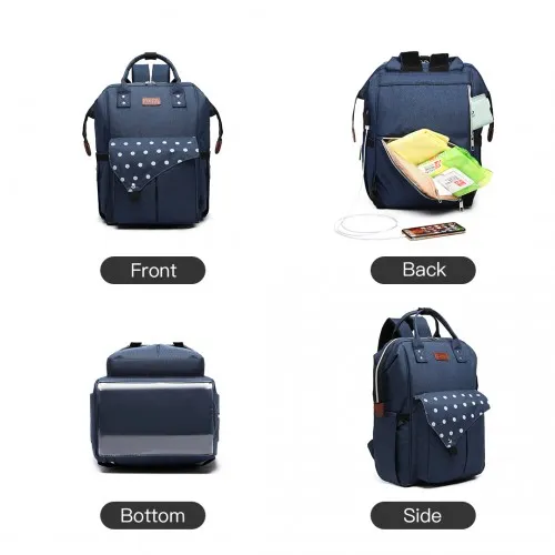 KONO Polka Dot Maternity Backpack Bag with USB Connectivity - Navy | Spacious, Durable & Stylish