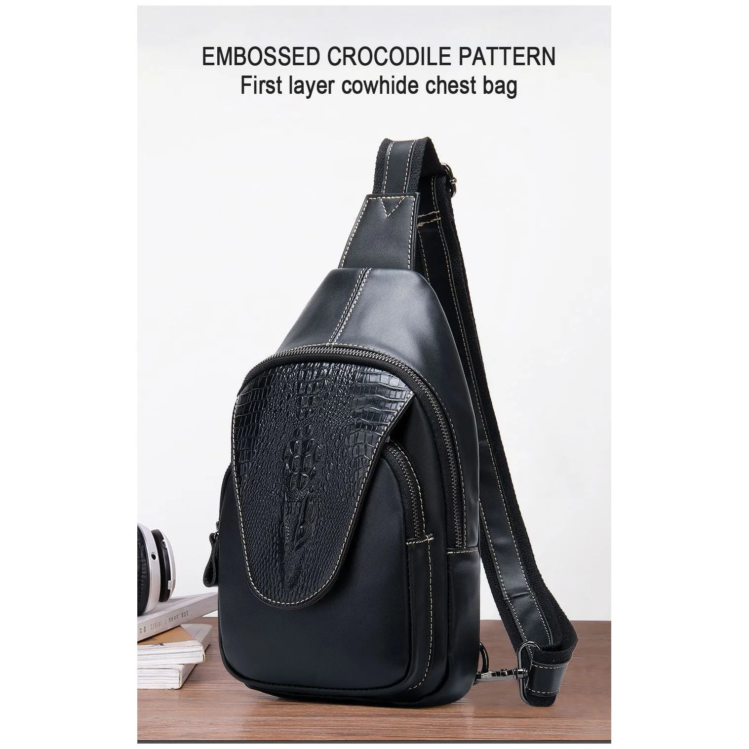 Luxury CrocLeather Zipper Sling Messenger Bag