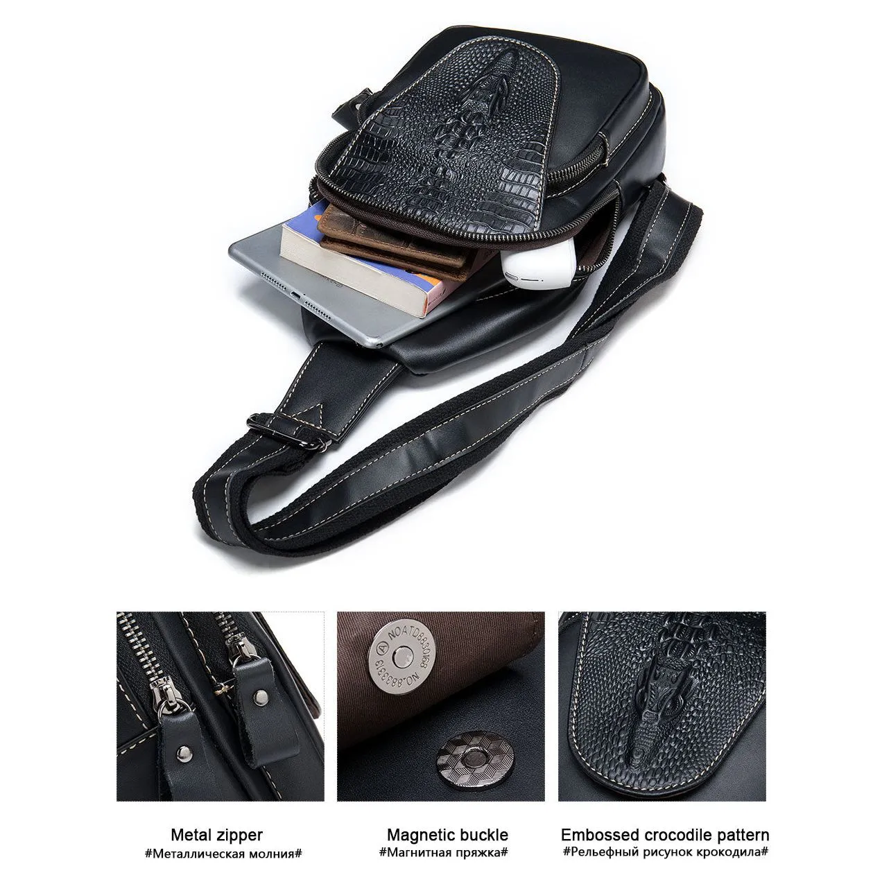 Luxury CrocLeather Zipper Sling Messenger Bag