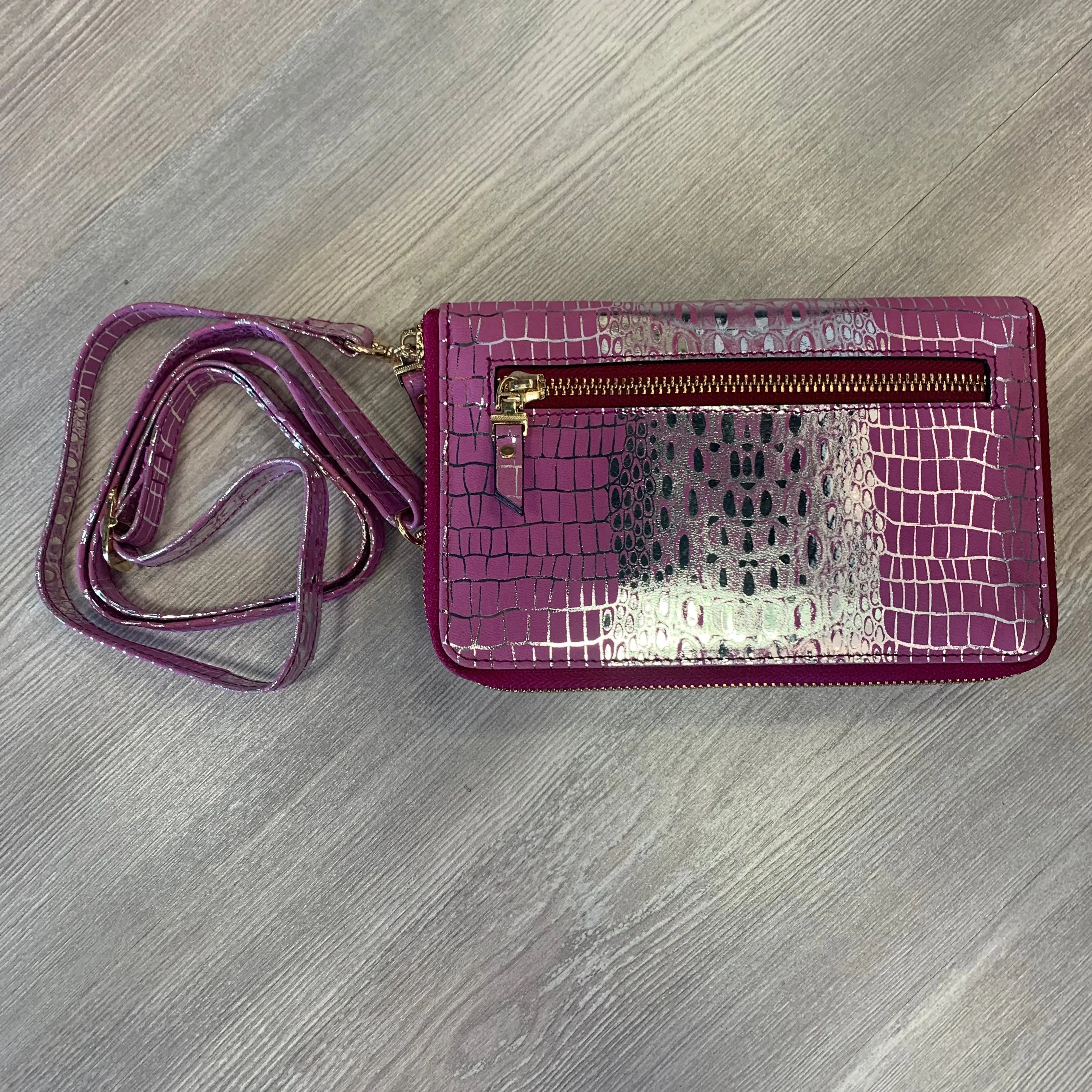 METALLIC PINK LEATHER WALLET CROSSBODY BAG