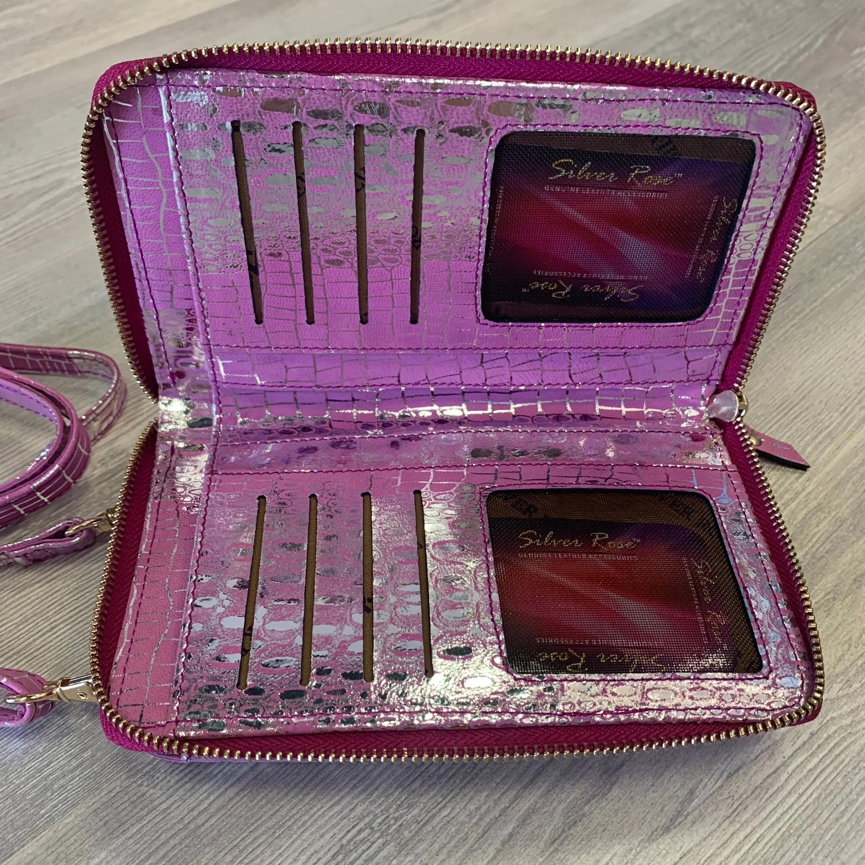 METALLIC PINK LEATHER WALLET CROSSBODY BAG