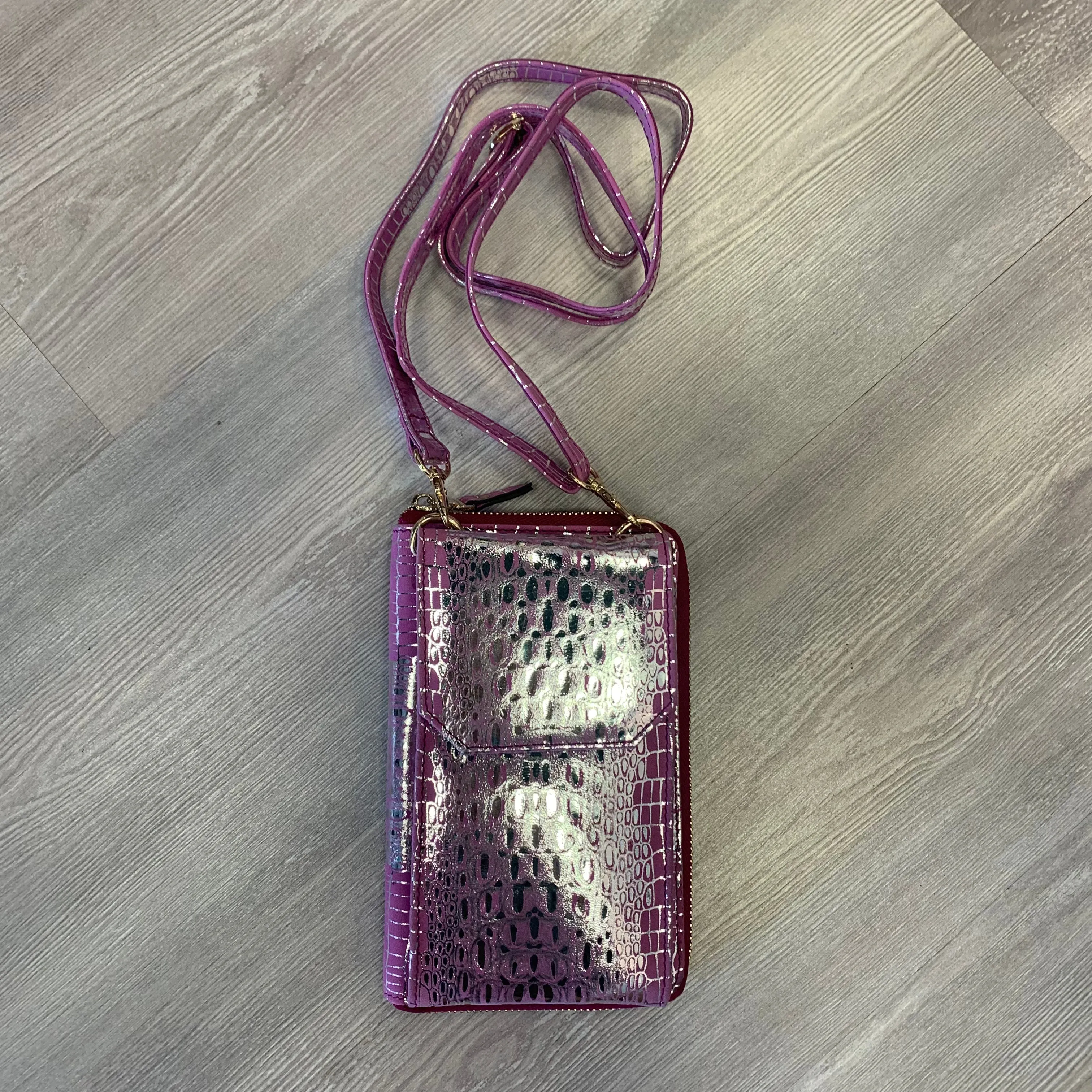 METALLIC PINK LEATHER WALLET CROSSBODY BAG