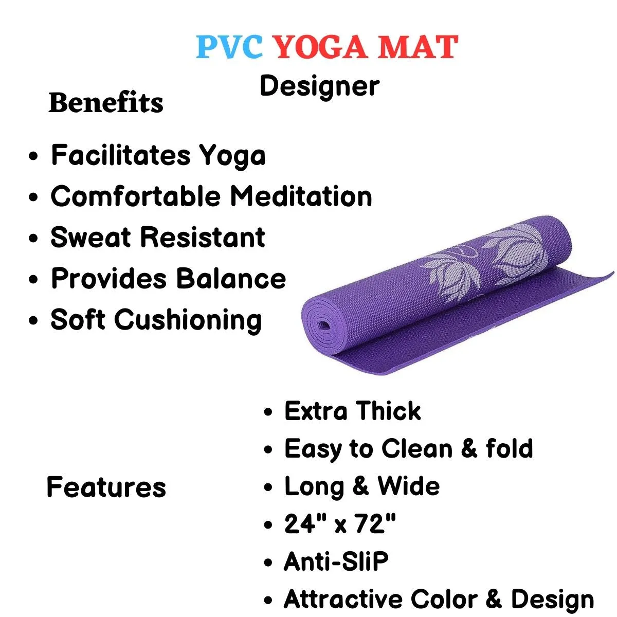 PVC Yoga Mat (Assorted Color, Printed Pattern)