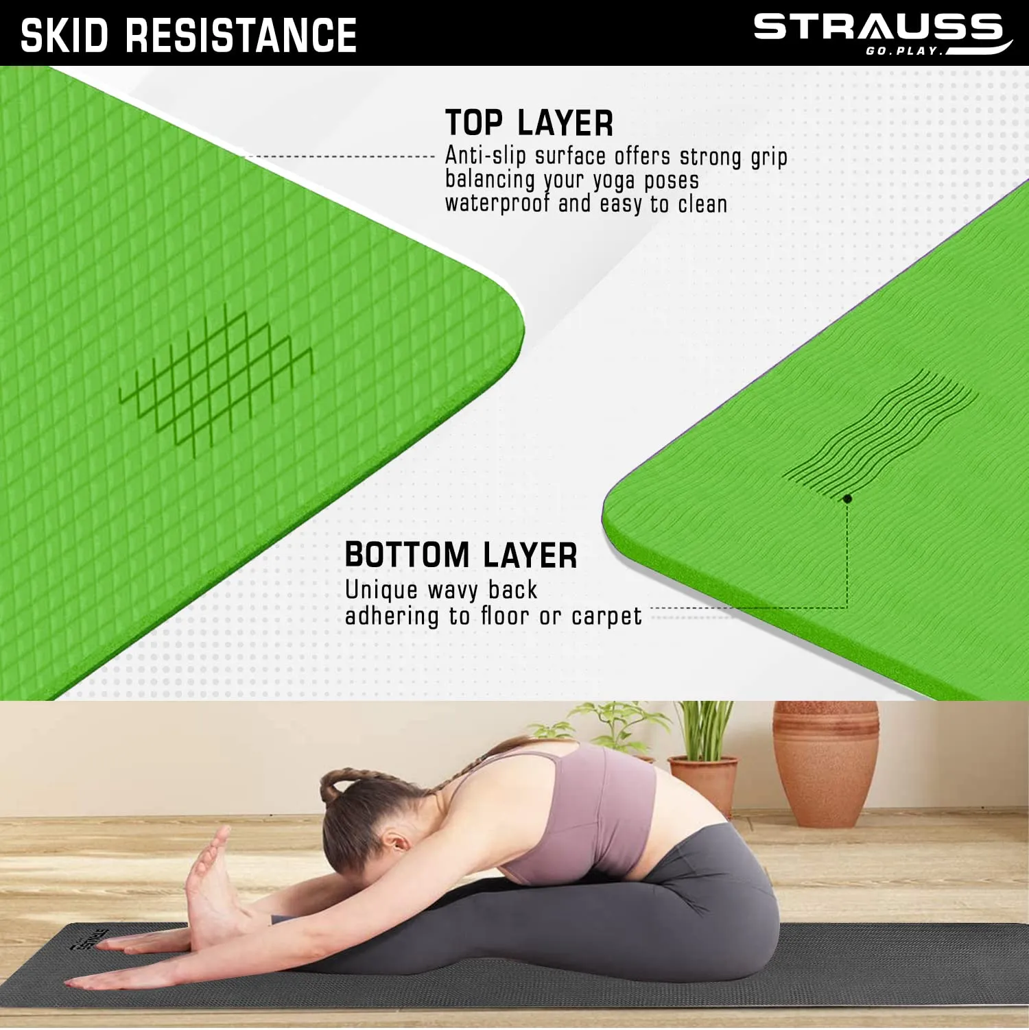 Strauss Anti Skid EVA Yoga Mat with Carry Strap, 4mm, (Green)