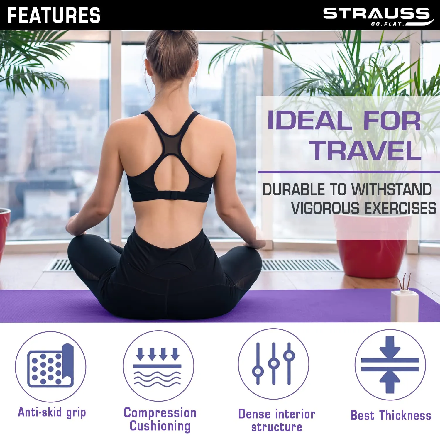 Strauss Anti Skid TPE Yoga Mat with Carry Bag, 8mm, (Purple)