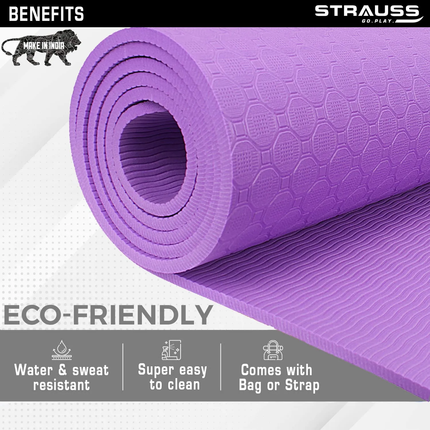 Strauss Anti Skid TPE Yoga Mat with Carry Bag, 8mm, (Purple)