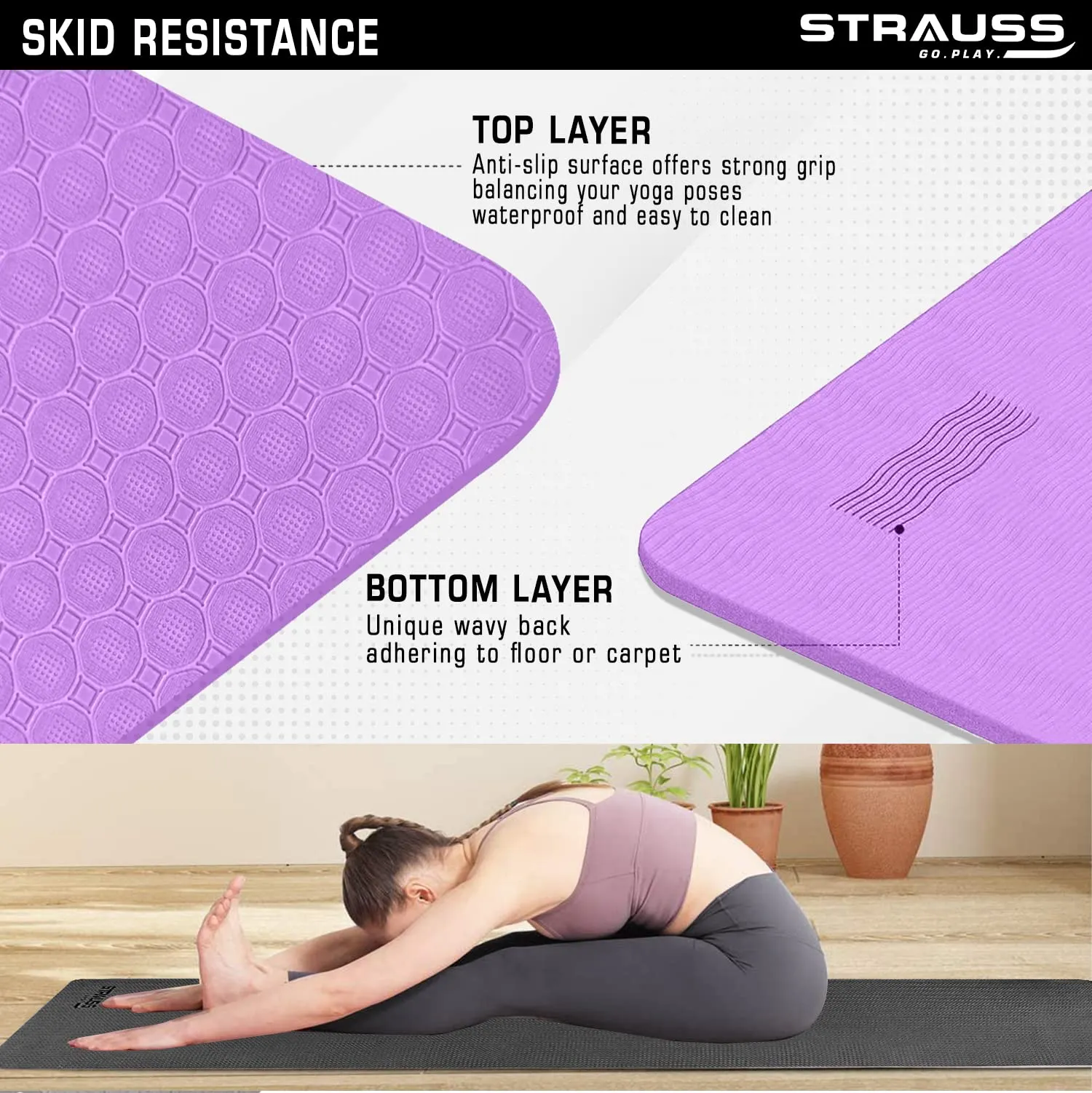 Strauss Anti Skid TPE Yoga Mat with Carry Bag, 8mm, (Purple)