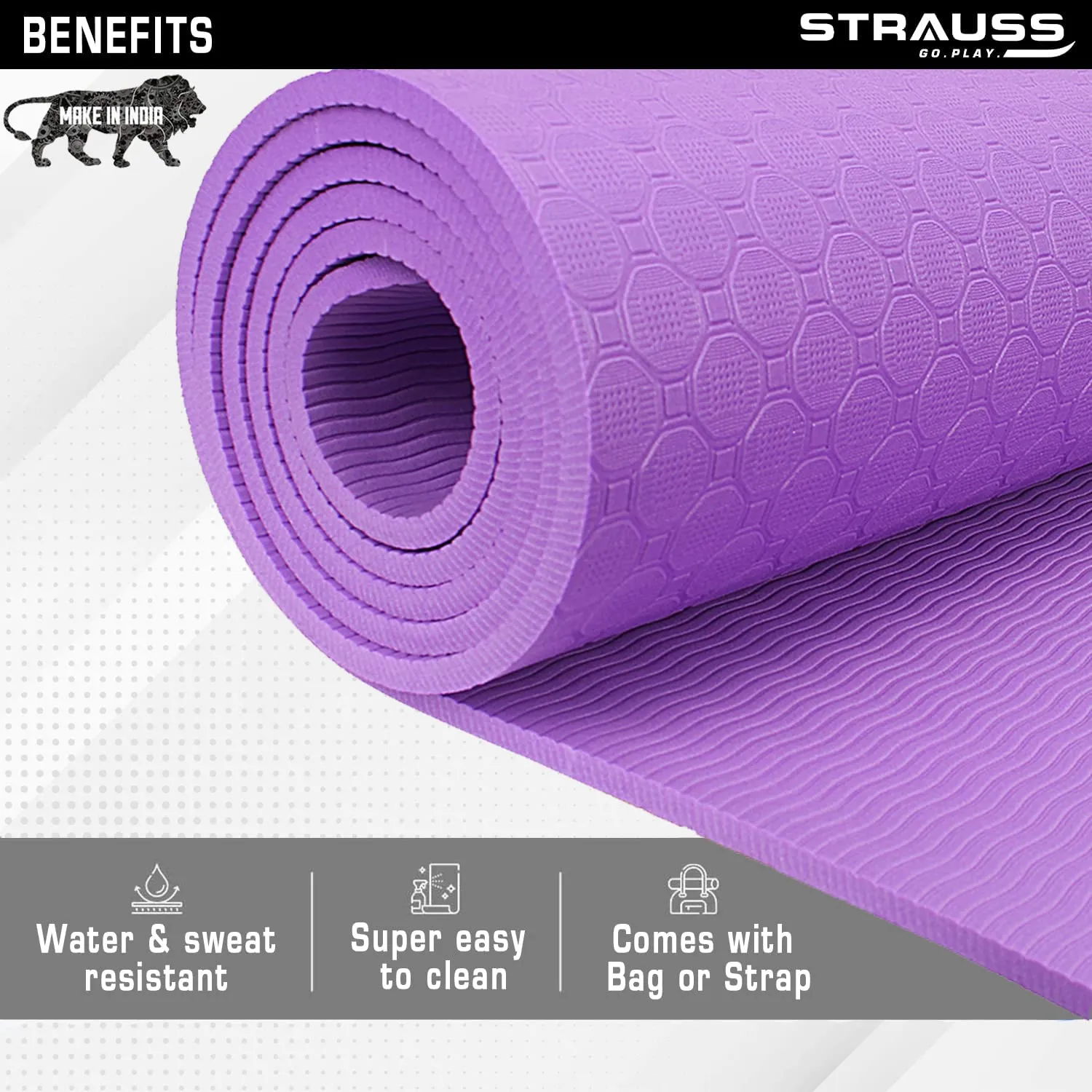 STRAUSS TPE Dual Layer Yoga Mat| Exercise Mat for Yoga,Pilates & Gym| Lightweight & Eco-Friendly Material | Yoga Mat for Women and Men |Ideal for Home Gym Workout |Includes Carry Bag | 6MM,(Purple)