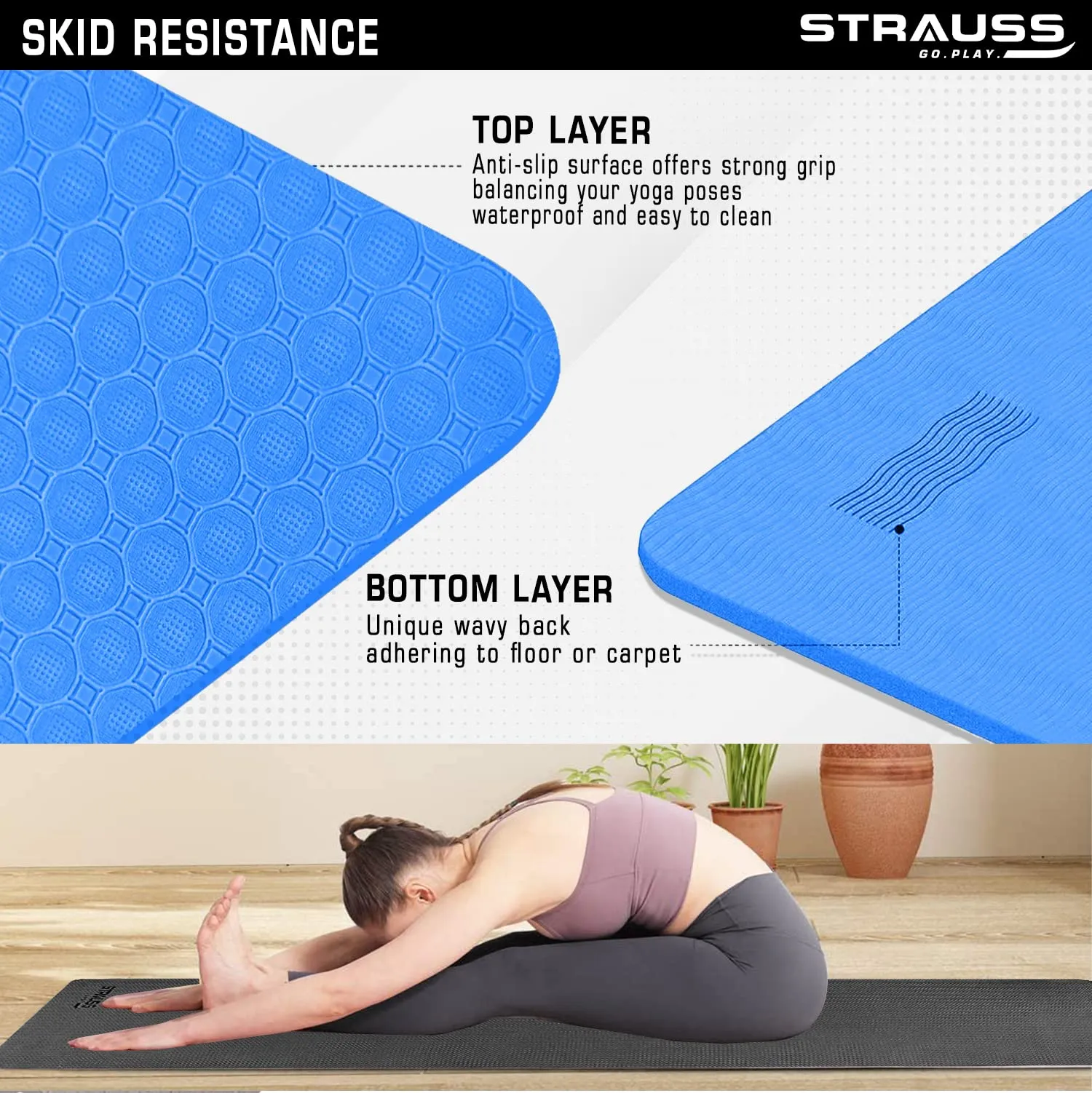 Strauss TPE Yoga Mat | Exercise Mat For Home Workout, Gym and Yoga Sessions | Anti Slip Gym Mat | Workout Mat For Men, Women and Kids | Yoga Mat With Carry Strap | Thickness: 6MM,(Sky Blue)