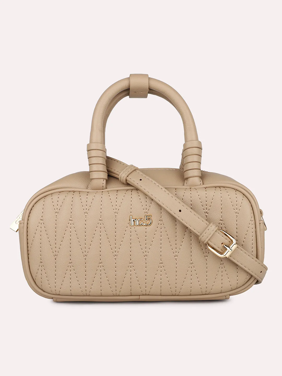 Women Beige Solid Quilted Structured Mini Sling Bag