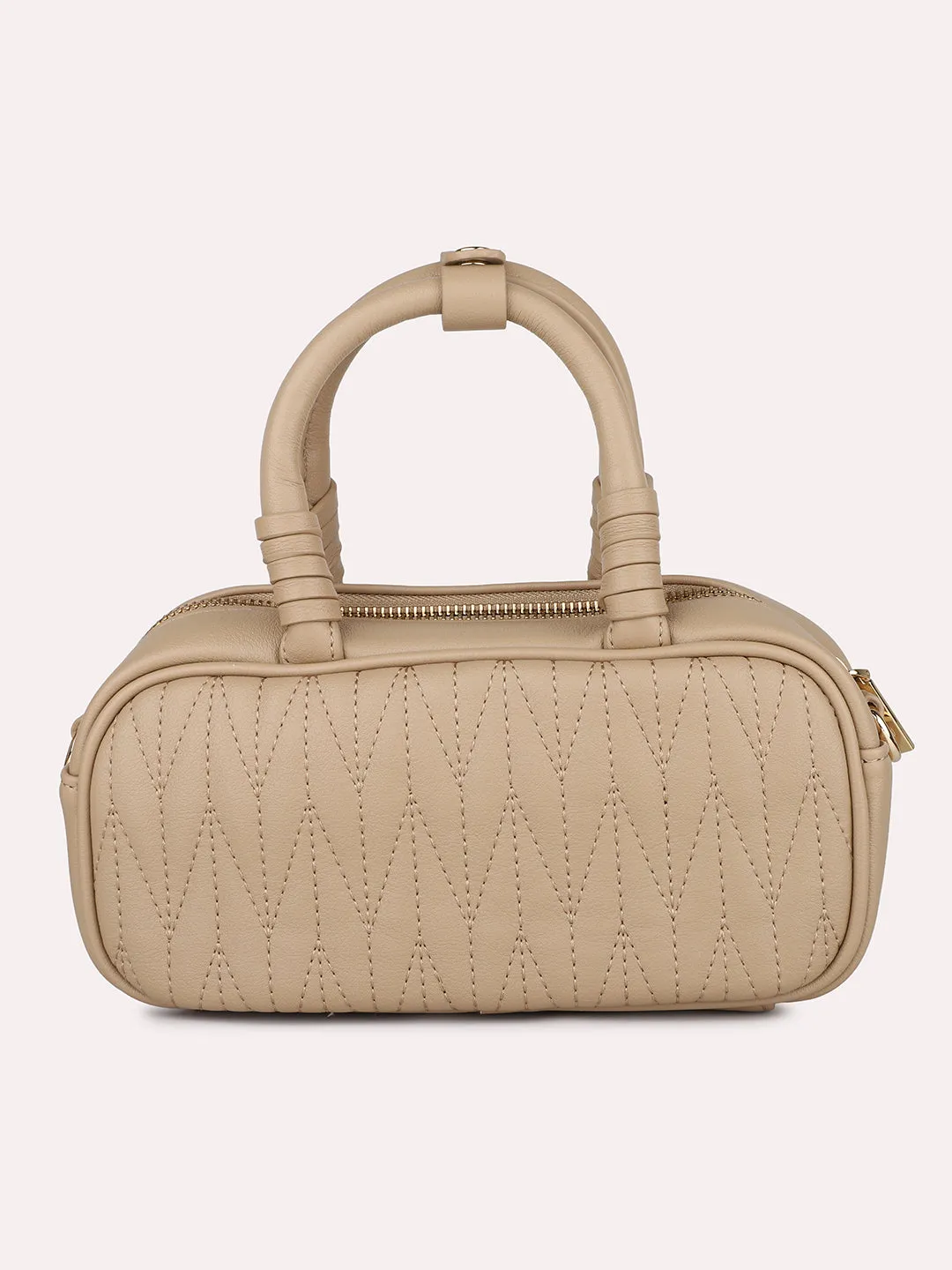 Women Beige Solid Quilted Structured Mini Sling Bag