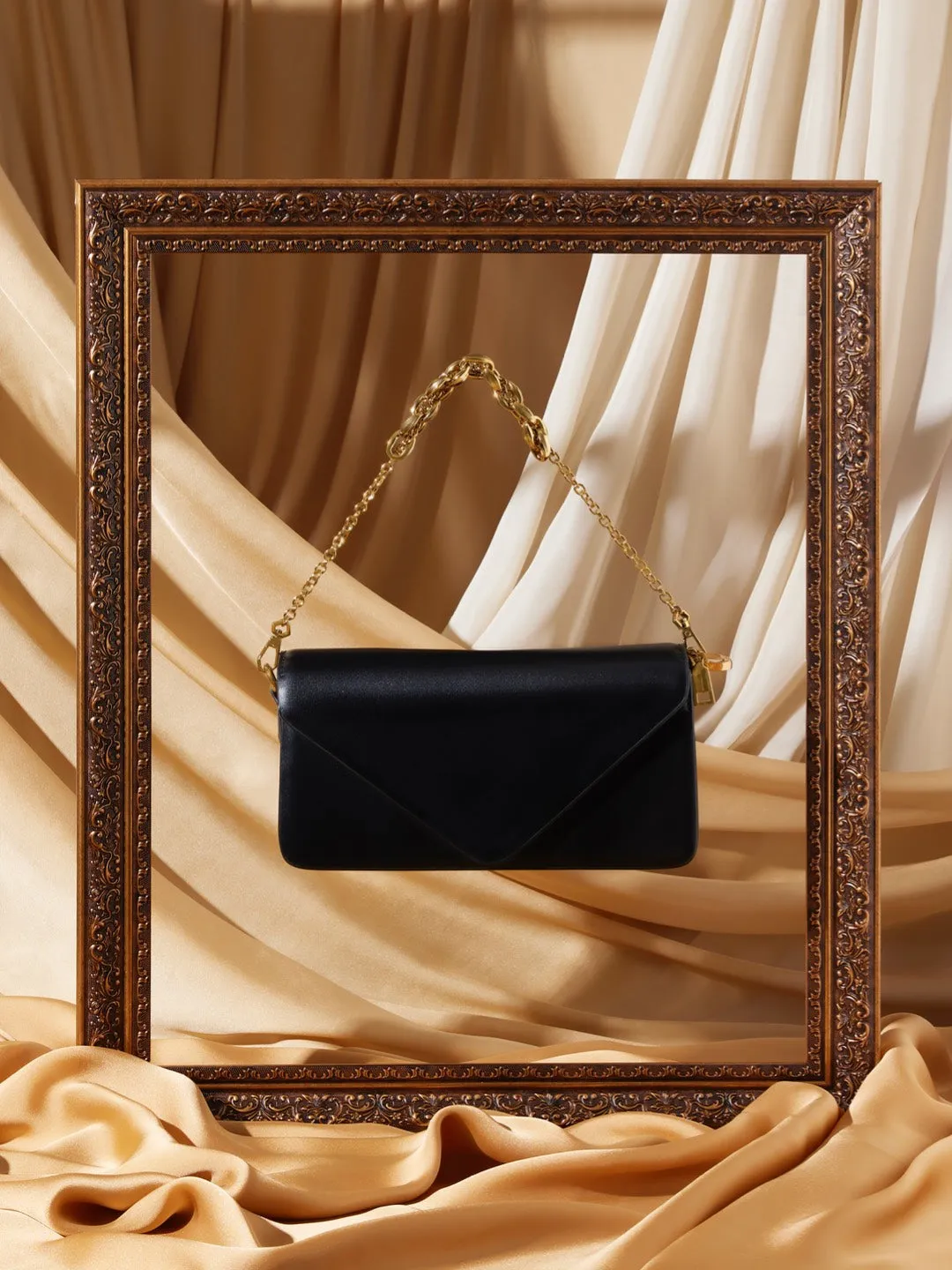 Women Black Envelope Sling Clutch with Chain Handle