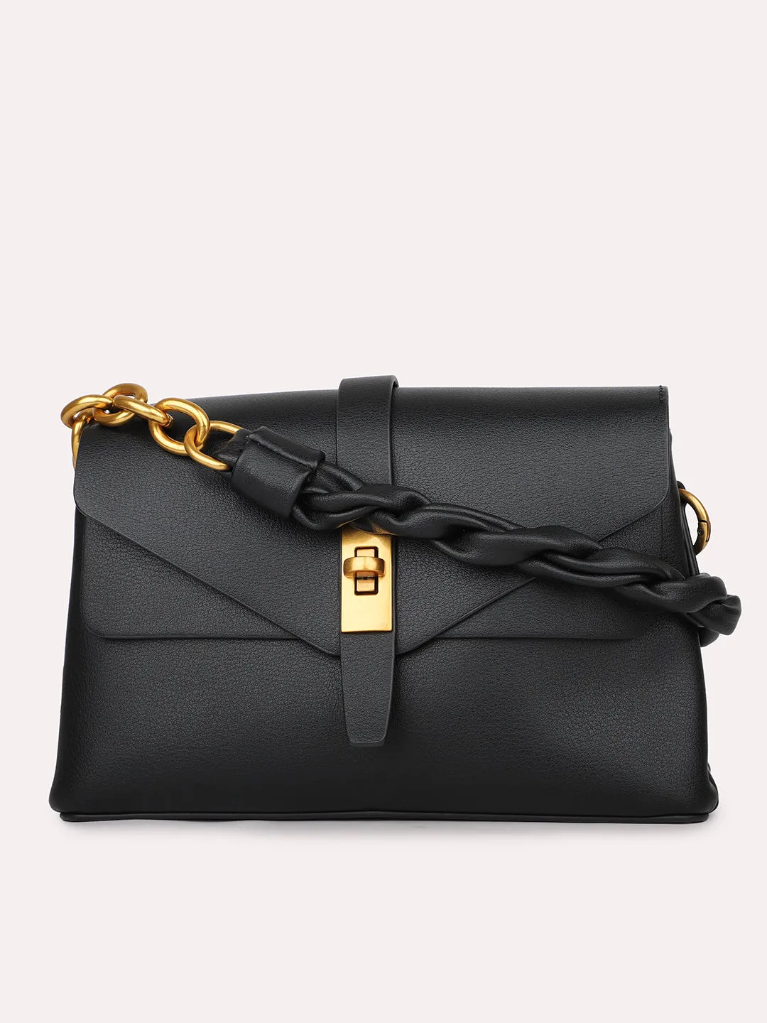 Women Black Solid Structured Sling Bag with Front Lock Detail