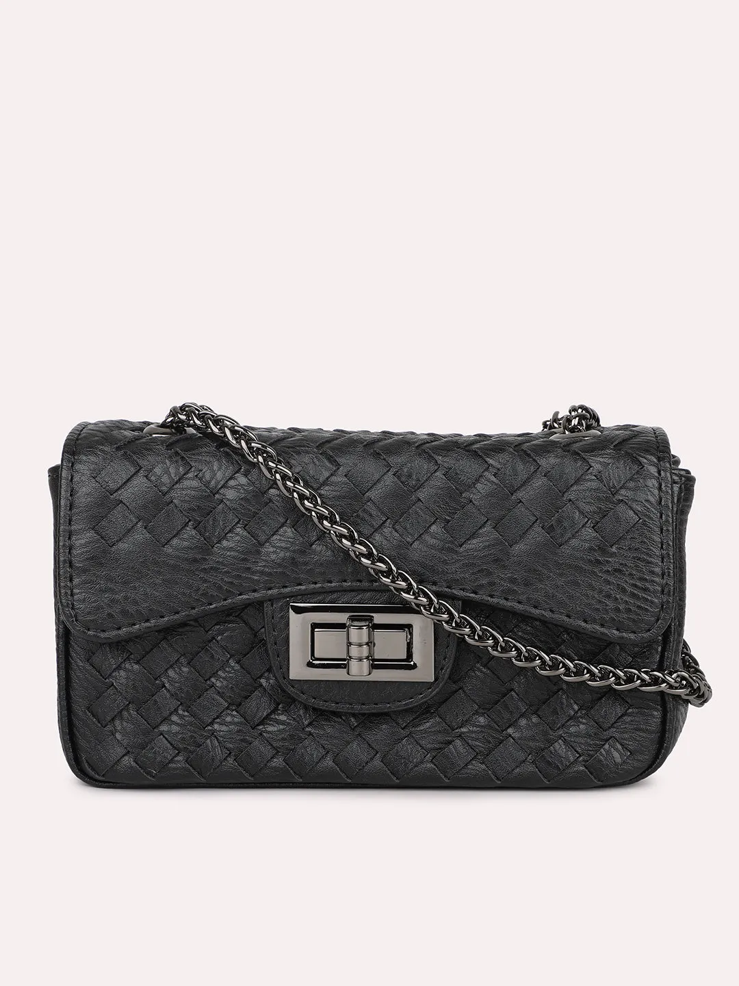 Women Black Textured PU Sling Bag