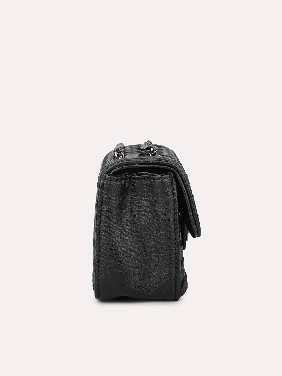 Women Black Textured PU Sling Bag