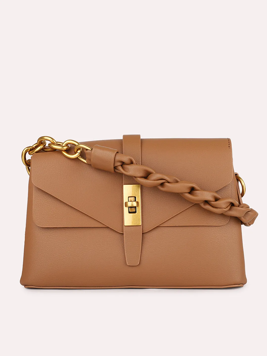 Women Tan Solid Structured Sling Bag with Front Lock Detail