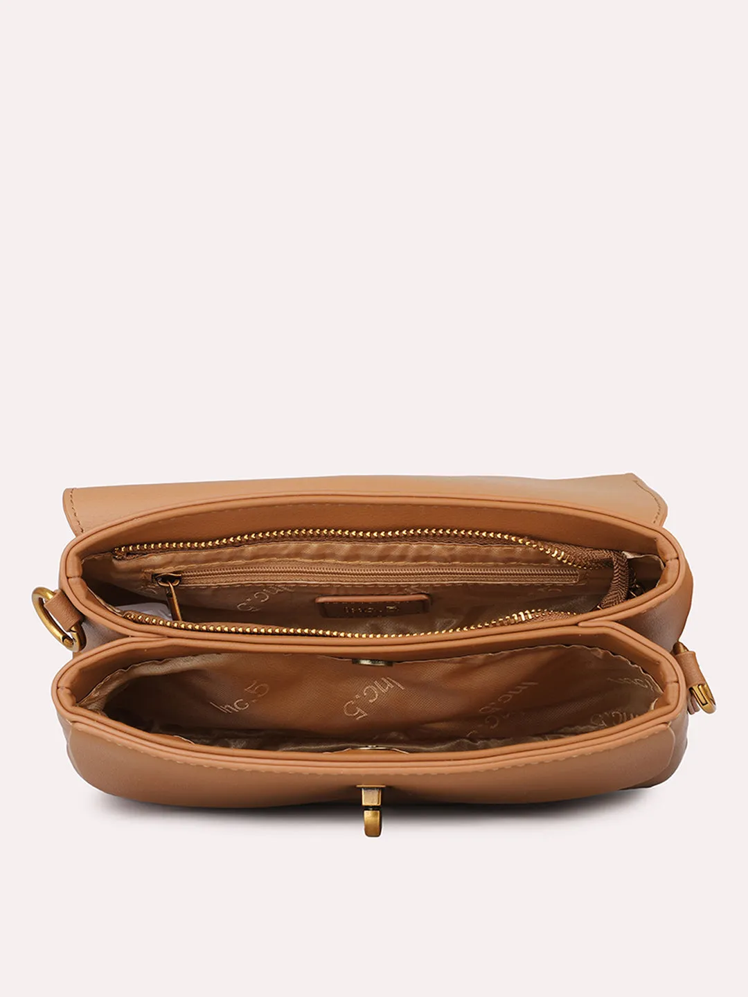 Women Tan Solid Structured Sling Bag with Front Lock Detail